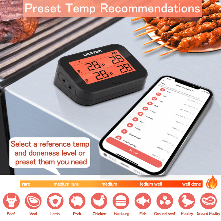 DIGITEN Bluetooth Grilling Thermometer Wireless Meat Thermometer with 4 Probes BBQ Thermometer Smoker Thermometer Instant Read Thermometer Smart