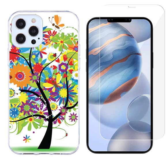 Slim-Fit Protective Phone Case compatible with iPhone 12 Pro Max, with Tempered Glass Screen Protector, by OneToughShield ® - Colorful Tree