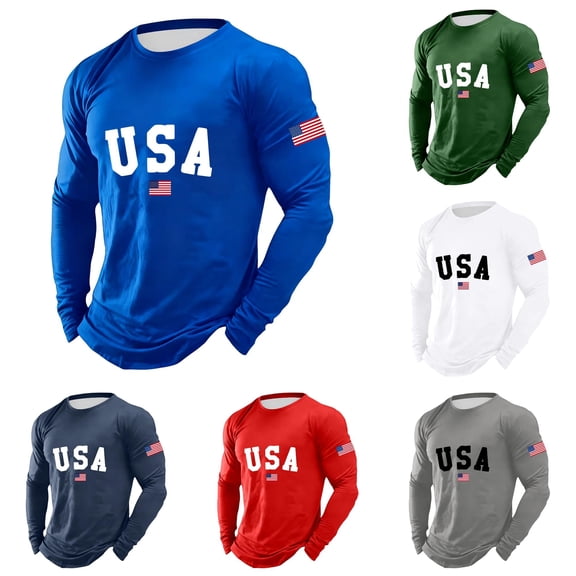JAJAHO Long Sleeve Shirts For Men 4Th Of July T Shirt American Flag Print Crew Neck Loose Fit Graphic Tees 250 Years Anniversary USA Top