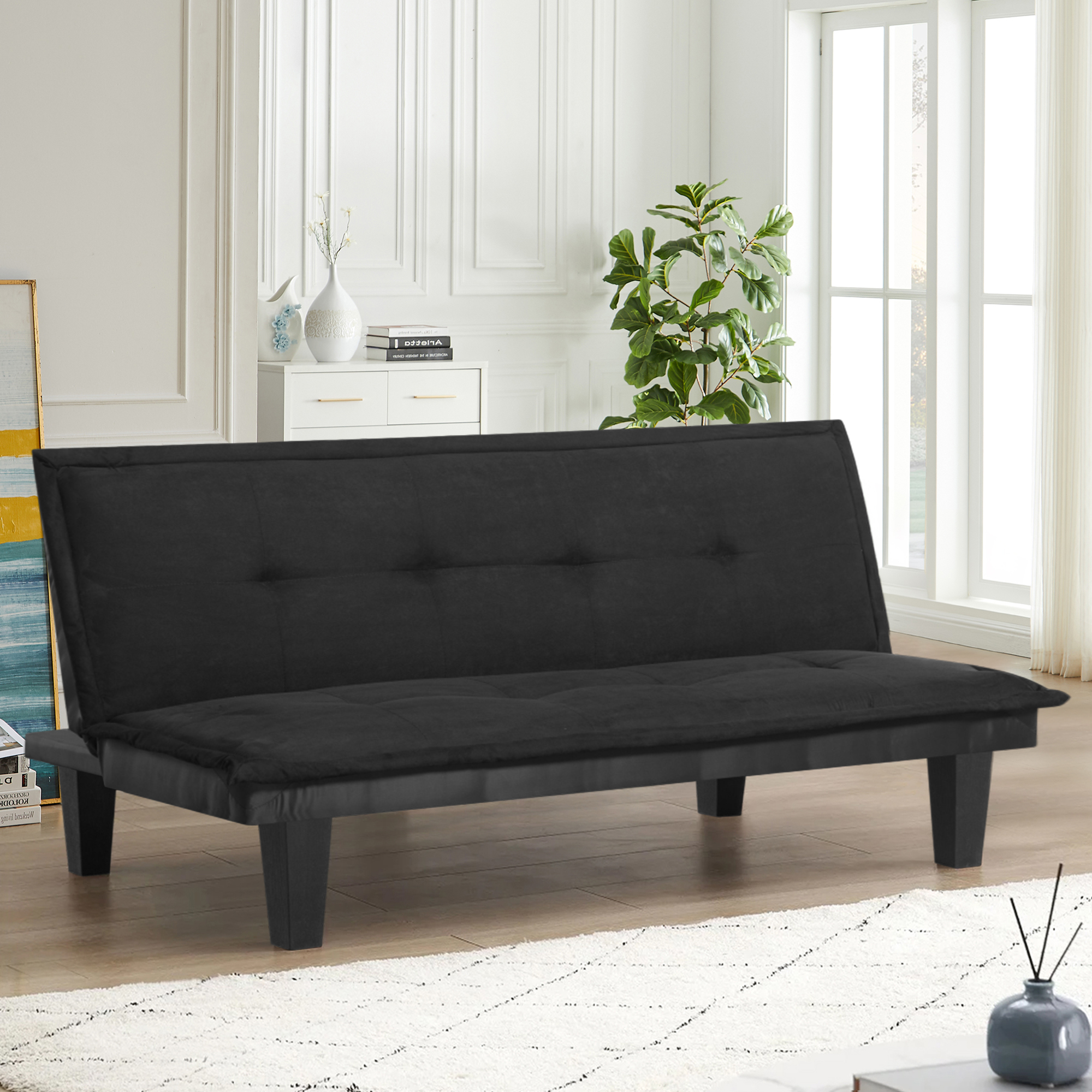 Modern Faux Suede Convertible Futon Sofa Bed,Upholstered Futon Couch with 3 Adjustable Backrest Angles,Suitable for Apartment,Living Room,Small Space,Black