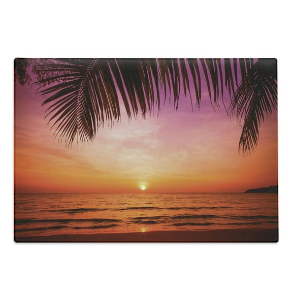 Tropical Cutting Board, Exotic Sunset Above the Sea Scenery from Coconut Palm Tree Leaf Heaven Picture, Decorative Tempered Glass Cutting and Serving Board, Large Size, Pink Orange, by Ambesonne
