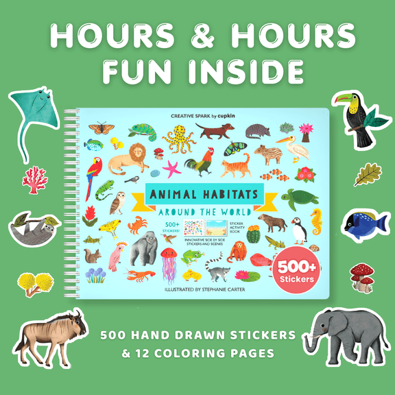 Cupkin Animal Habitats Sticker Book, Spiral Bound, 500 Stickers, 12 Side by Side Scenes & Coloring Pages (Book 1 of 62 of the Full Collection)