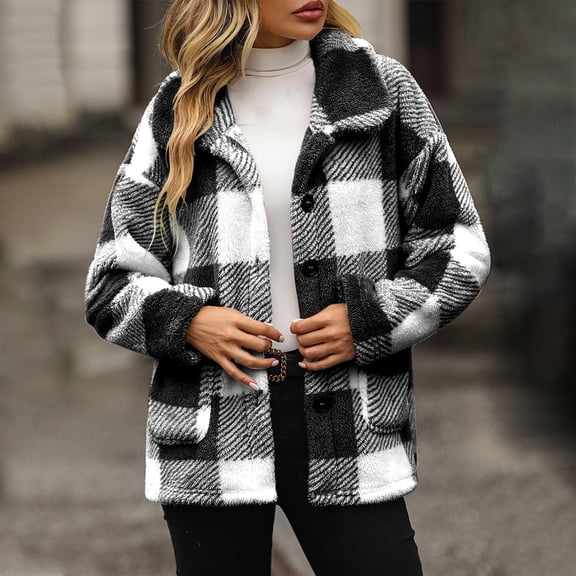 Women's Plaid Fleece Jacket with Pockets and Button-down Fleece Coat Black L