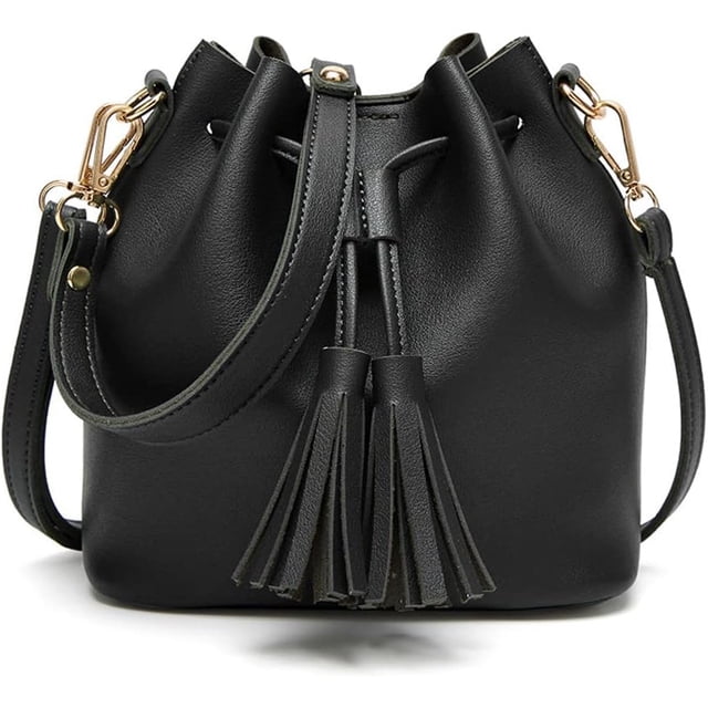 LHSHIDU Womens Mini Bucket Bag Leather Drawstring Handbag Tassel Shoulder Purse Retro Crossbody Wallet with Adjustable Straps