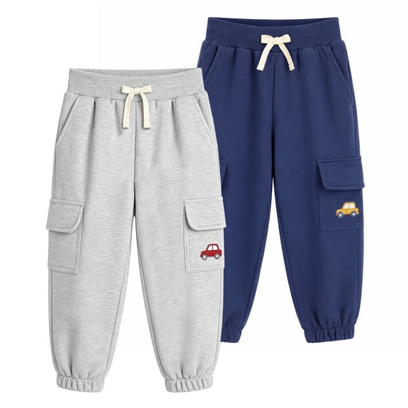 HILEELANG Boys 2-Pack 100% Cotton Cargo Jogger Sweatpants, Drawstring Pants with Pockets and Car Embroidery, Gray/Navy, Ages 3Y