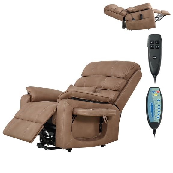 KFFKFF Power Lift Recliner Chair with Dual Motor, Medium Wide Electric Lift Chair for Seniors, Heat and Massage Function, Adjustable Positions, Leather Upholstery,Storage Pocket and Cup Holder, Brown