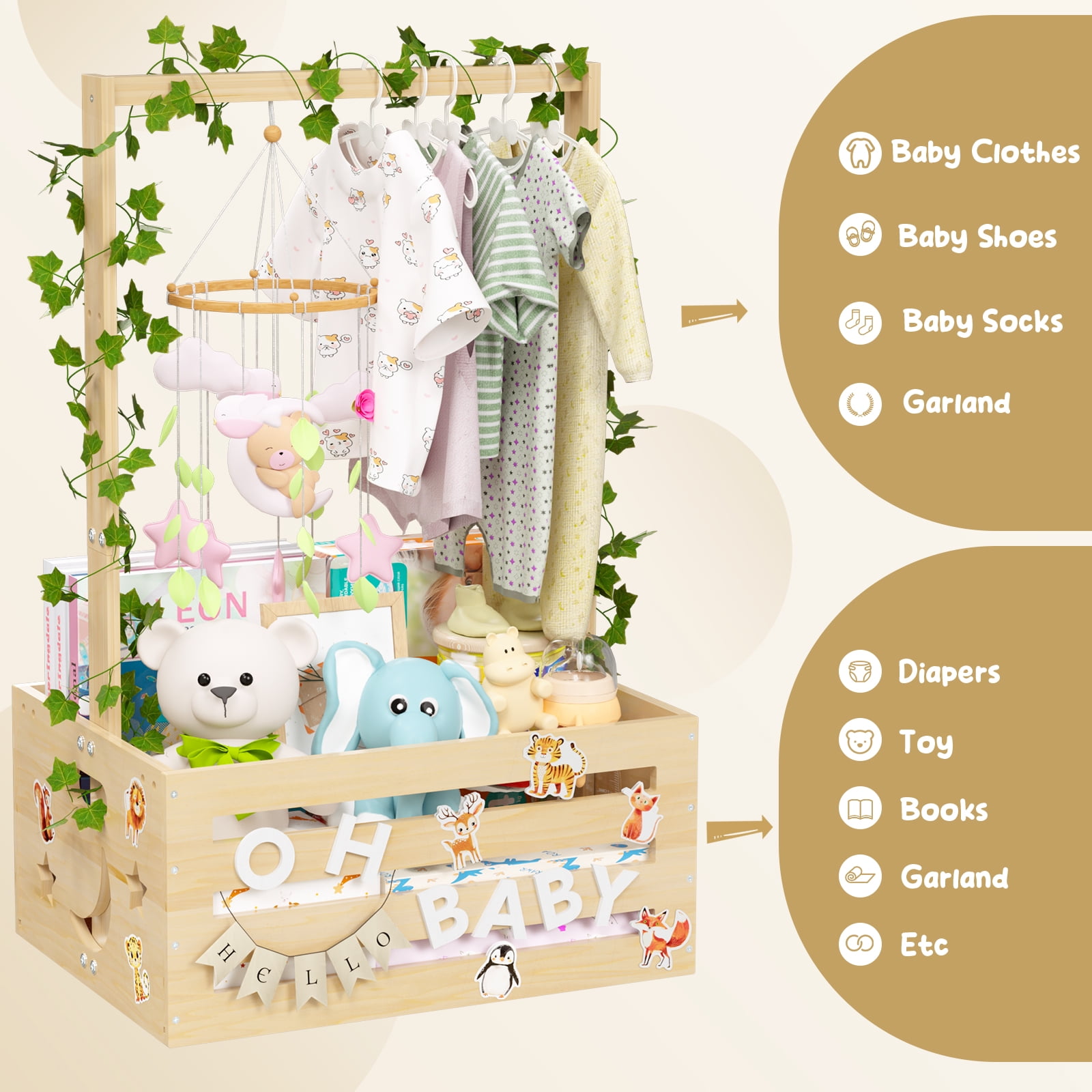 TeSabMi Large Baby Shower Gifts Basket Wooden Crate, Personalized Wooden Letters Hangers New Born Baby Girl Boy Pregnancy Gifts for New Mom Parents Vine Decorations Cute Closet with Adjustable Handle