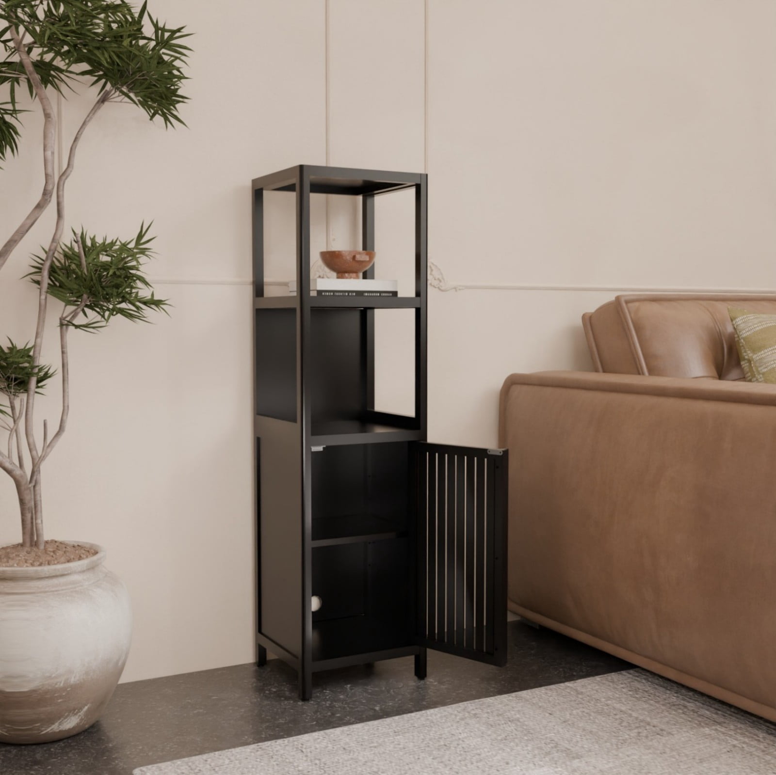 52" Bamboo Linen Tower Storage Cabinet, Bathroom Organizer with Doors & Open Shelves, Narrow Space-Saving Tall Cabinet, Black