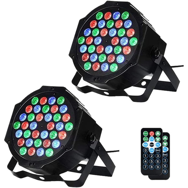 luces de dj, 36 luces led par luces de escenario iluminación de escenario para bodas, clubes, espectáculos de música, iluminación de fiestas navideñas, paquete de 2 dos focos PAR negros con 36 LEDs RGB cada uno, montura en U ajustable, cable de alimentación y control remoto incluido; muestra LEDs rojos, verdes y azules encendidos, compatible con control DMX y modo activado por sonido; a menudo usado para iluminar cabinas de DJ en eventos pequeños.