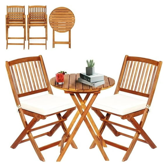Bistro Table and Chairs Set of 2, Wood Folding Bistro Set for 2 with Detachable Soft Cushions, 3PC Outdoor Wood Bistro Set for Patio, Balcony, Garden & Yard (Natural Color)