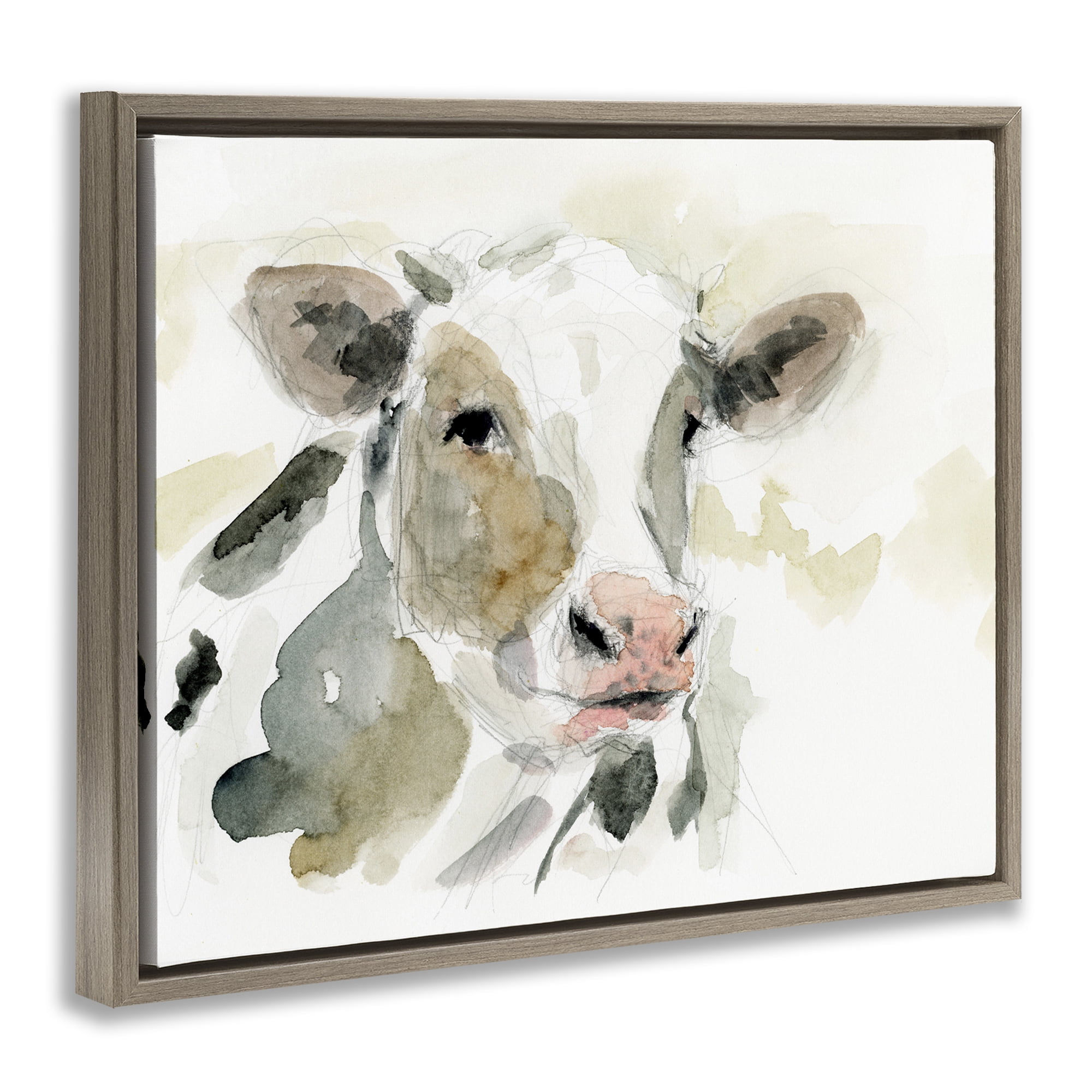 Stupell Industries Soft Watercolor Cow Animals & Insects Painting Brown Floater Framed Canvas Art Print Wall Art, 21 x 17
