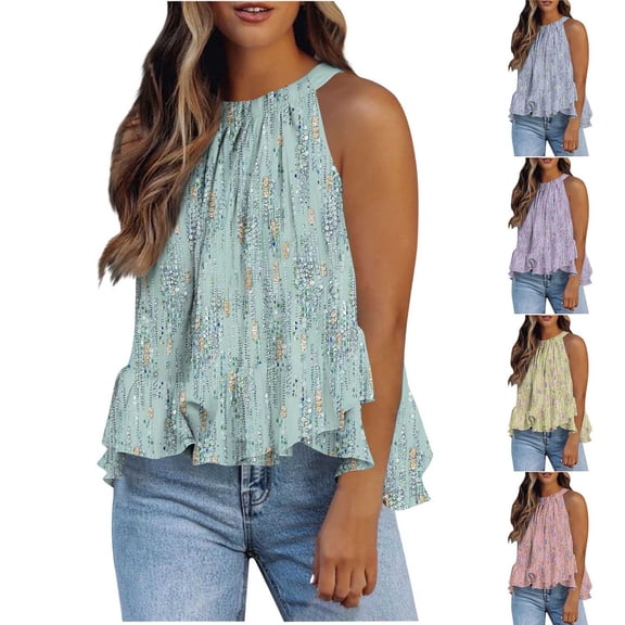 WRKEKC Summer Tops for Women, Summer Blouses for Women, Women's Floral Printed Loose T-Shirt Trendy Casual Sleeveless Dressy Top