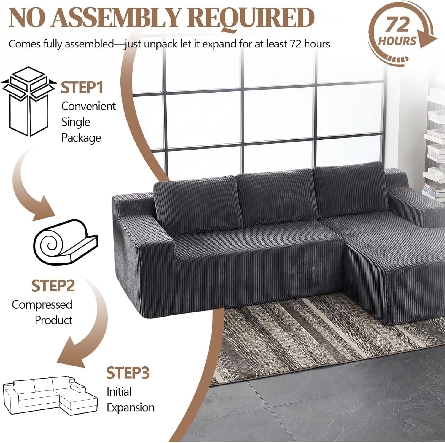96.5" Corduroy Modular L Shaped Sectional Sofa for Living Room Bedroom, No Assembly, Grey