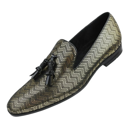 Amali Men's Metallic Zig Zag Smoking Slipper with Black Contrast Piping and Tassel Dress Shoe, Style Empire, Runs Large Narrow Feet Order 1/2 Size (Best Shoes For Cold Feet)