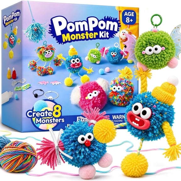 Klever Kits Pom Pom Monster Kit: DIY Plush Keychain Craft, Arts & Crafts Gift for Kids 8-12, Creative Toy Birthday Gifts with Yarn for girls