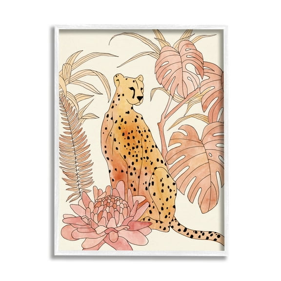 Stupell Industries Poised Cheetah Tropical Blush Monstera Fern Forest Global Painting White Framed Art Print Wall Art, 16 x 20, Design by Annie Warren