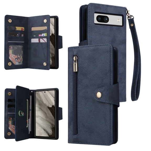SaniMore for Google Pixel 7A Case, PU Leather 2 in 1 Zipper Wallet Removeable Wrist Strap Card Slots Cash Pocket Kickstand Shockproof Anti-fall Full Protective Shell For Google Pixel 7A, Blue
