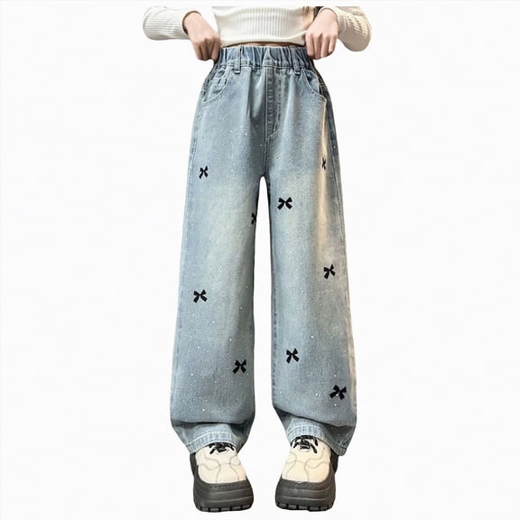 NOLDARES Girl's High Waisted Button Wide Leg Jeans Casual Long Denim Pants with Streetwear(Blue,4-5 Years)
