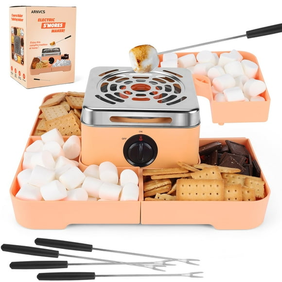 ARNVCS Indoor Smore Maker Electric, S'mores Maker Tabletop Indoor, Marshmallow Roaster Table Top with Flamesless Heater & 4 Serving Trays & 4 Skewers for Chocolate, Famil