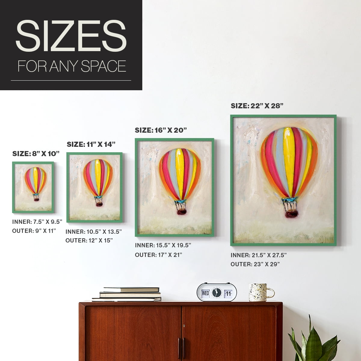 Lucky Hot Air Balloon Framed Print in Green Solid Wood Framed Print No Nail Hanging