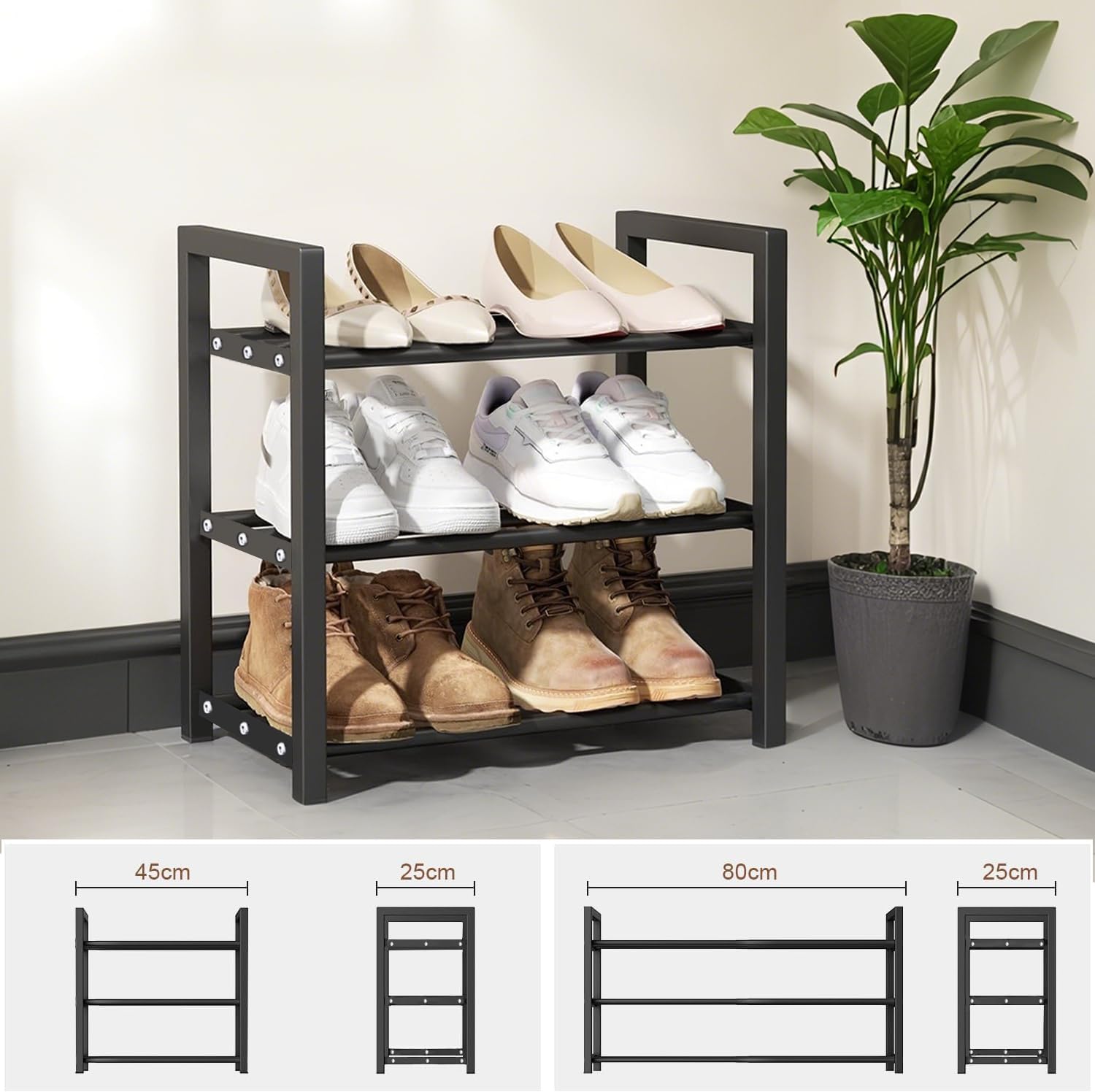 Expandable Shoe Rack Small Shoe Storage Narrow Shoe Racks Metal Show Rack Slim Shoe Shelf for Entryway Wardrobes Small Space,Free Standing Extendable Adjustable Shoes Rack for Closet (Black, 2 Tier)