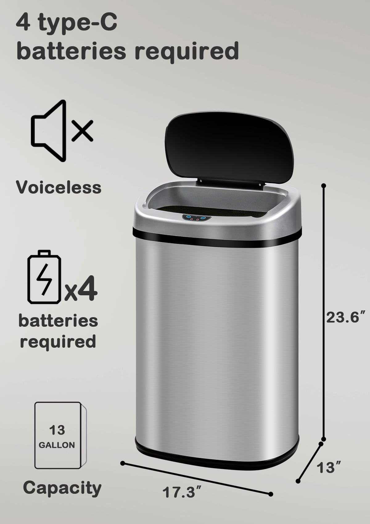 13 Gallon Kitchen Garbage Can Automatic Trash Can 13 Gallon Stainless Steel Trash Can Touch Free Bathroom Trash Can with Lid for Bathroom, Kitchen, Office