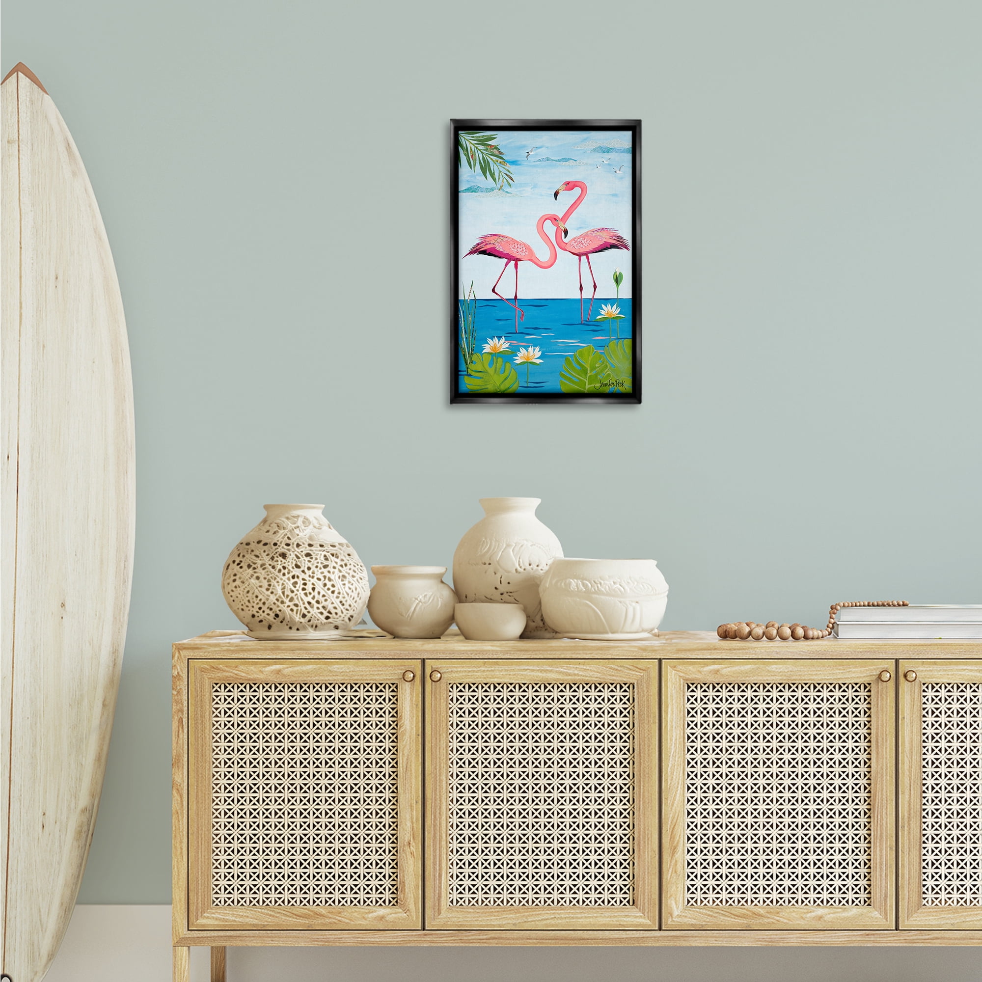 Stupell Industries Pretty In Pink Flamingos Animals & Insects Painting Black Floater Framed Canvas Art Print Wall Art, 17 x 25
