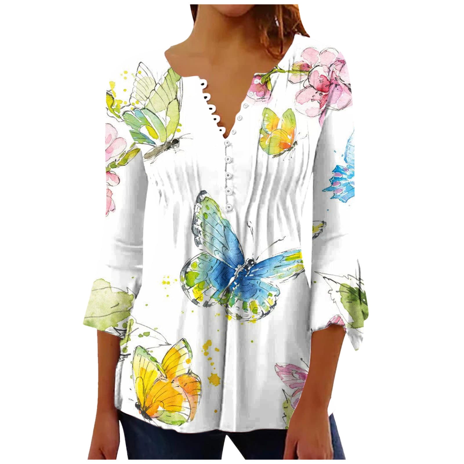 zqgjb-women-s-casual-trumpet-3-4-sleeve-tshirt-tie-dye-floral-pattern