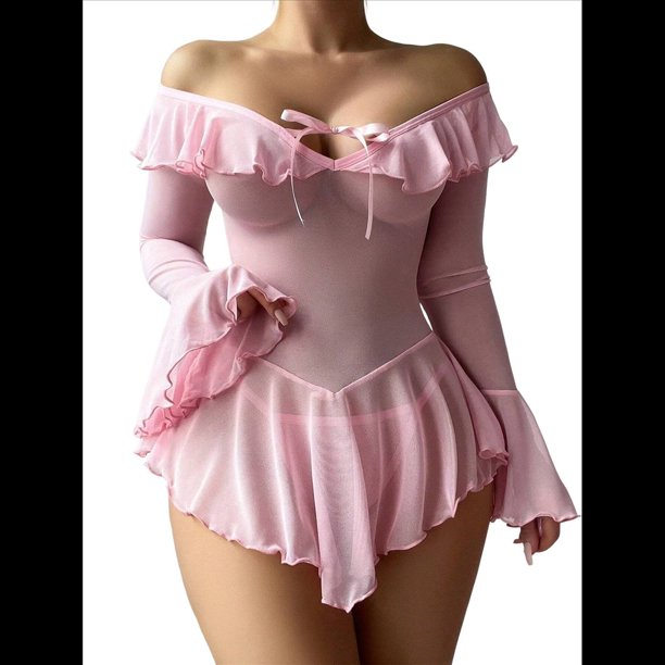 Vestido de Fiesta de Verano con Corsé de Dos Piezas para Mujer, Hombros Descubiertos, Mangas Acampanadas, Cordones y Transparencias Rosa M