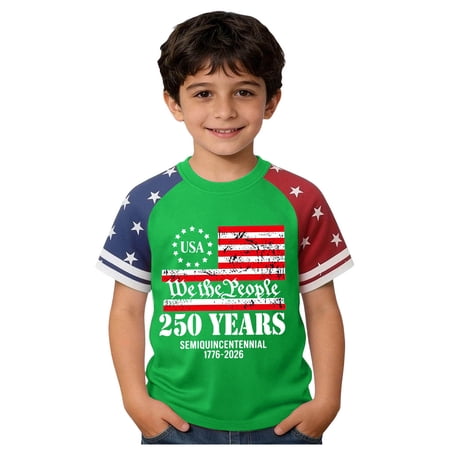 Staki Memorial Day Shirts for Boys Kids 4th of July T-Shirts Boys American Flag Print Shirts Patriotic Tops Pure Cotton Short Sleeve Tees 2-10Years(Green 12-13 Years)