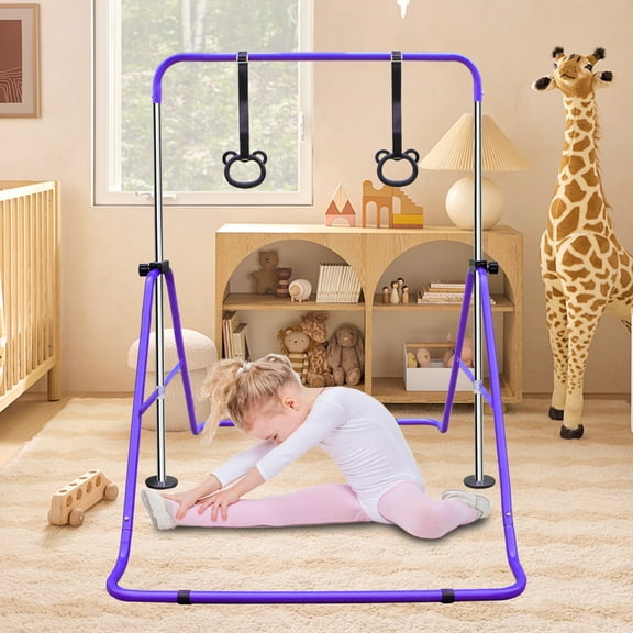 Multi-Functional Adjustable Height Gymnastic Horizontal Bar,Expandable Gymnastics Bars with Gymnastic Rings, Foldable Steel Structure Training Bar for All Teenagers,Purple