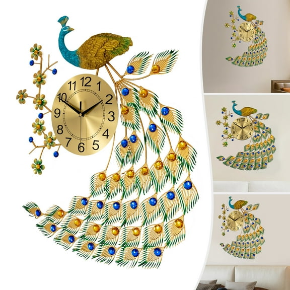 Luxury Peacock Large Wall Clock Metal Living Room 3D Wall Watch Home Decor Clock Without Battery