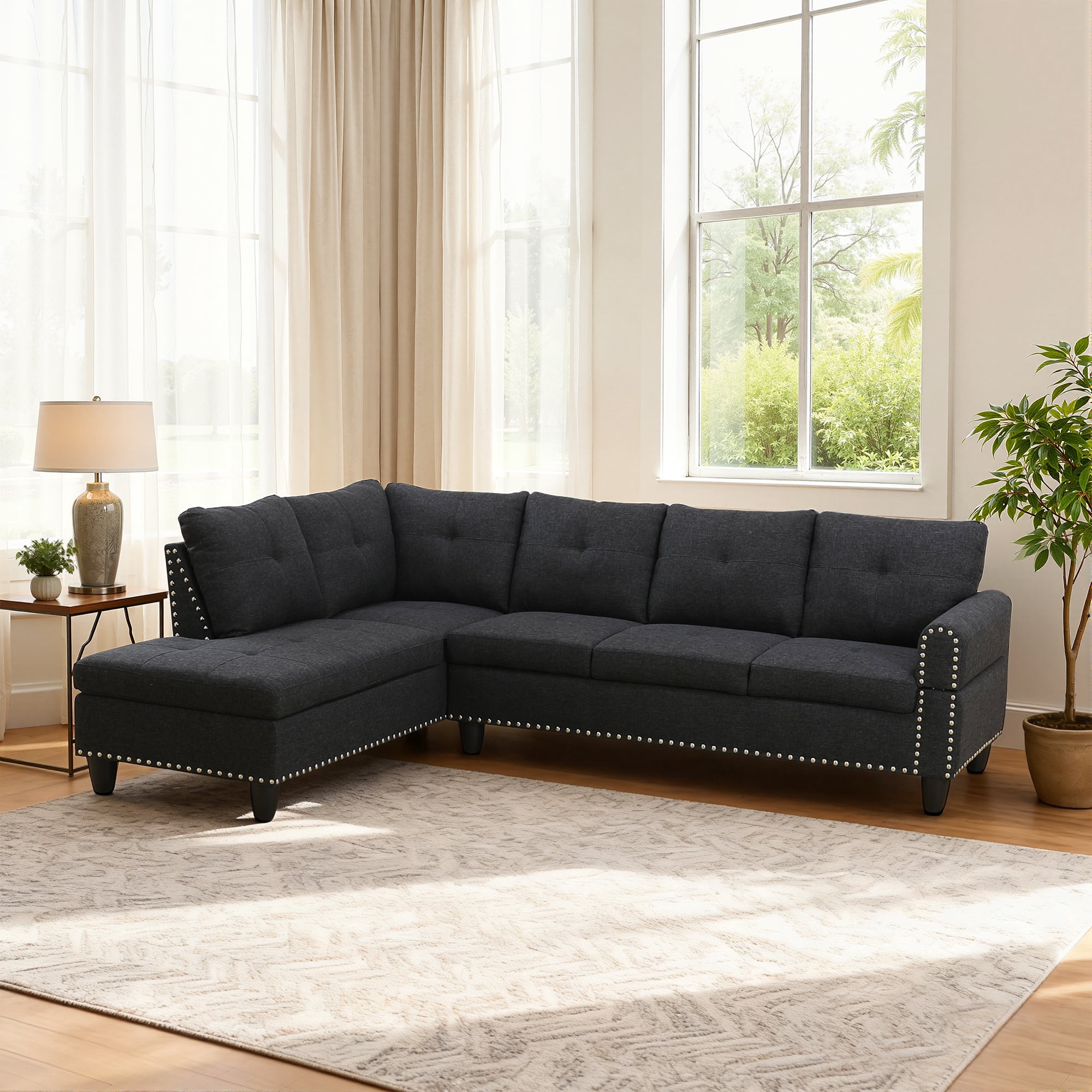 MAYEERTY 97.5" Linen Sectional Sofa, 2-Piece Modular Couch Living Room Sofa Set without Ottoman, Black (Left)
