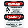 thumbnail image 1 of Hazardous Voltage Will Shock, burn Bilingual Sign, OSHA Danger Sign, 18x24 Reflective Aluminum EGP, 1 of 1