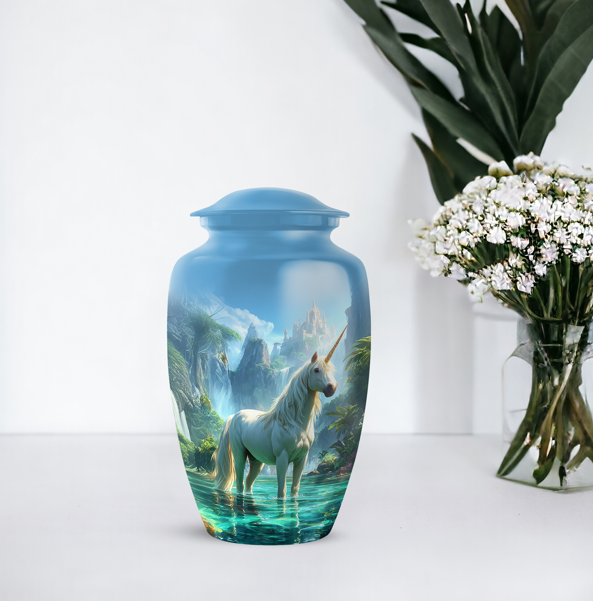 Unicorn Cremation Urn For Mom, Blue Urn For Adult Male, Cloud Large Decorative Urns For Ashes For Women 10-inch, Funeral Burial Urns For Human Ashes Adult Man