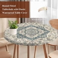 thumbnail image 4 of Beige Green Boho Round Tablecloth, Fitted Table Cover with Elastic for 45"-54" Round Tables, Medieval Vintage Ethnic Floral Abstract Table Cloth Outdoor Indoor Dinning Party Waterproof Tablecloths, 4 of 7