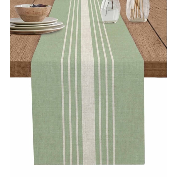 Sage Green Beige Striped Table Runner 72 Inches, Modern Farmhouse Retro Lines Bed Runner Dresser Scarves Tabletop for Indoor Outdoor Parties/Ceremony/Banquet, 16" x 72"