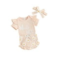 thumbnail image 2 of Musuos Baby Girls 3 Piece Outfits 6 12 18 24M Letter Print Short Sleeve Romper and Daisy Print Shorts Cute Headband Summer Clothes, 2 of 10