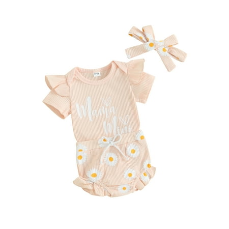 

Bslissey Baby Girls 3Pcs Summer Outfits Short Sleeve Letter Print Romper + Daisy Print Ruffle Shorts + Bow Headband 6M 12M 18M 24M Infant Toddler Cute Shorts Sets
