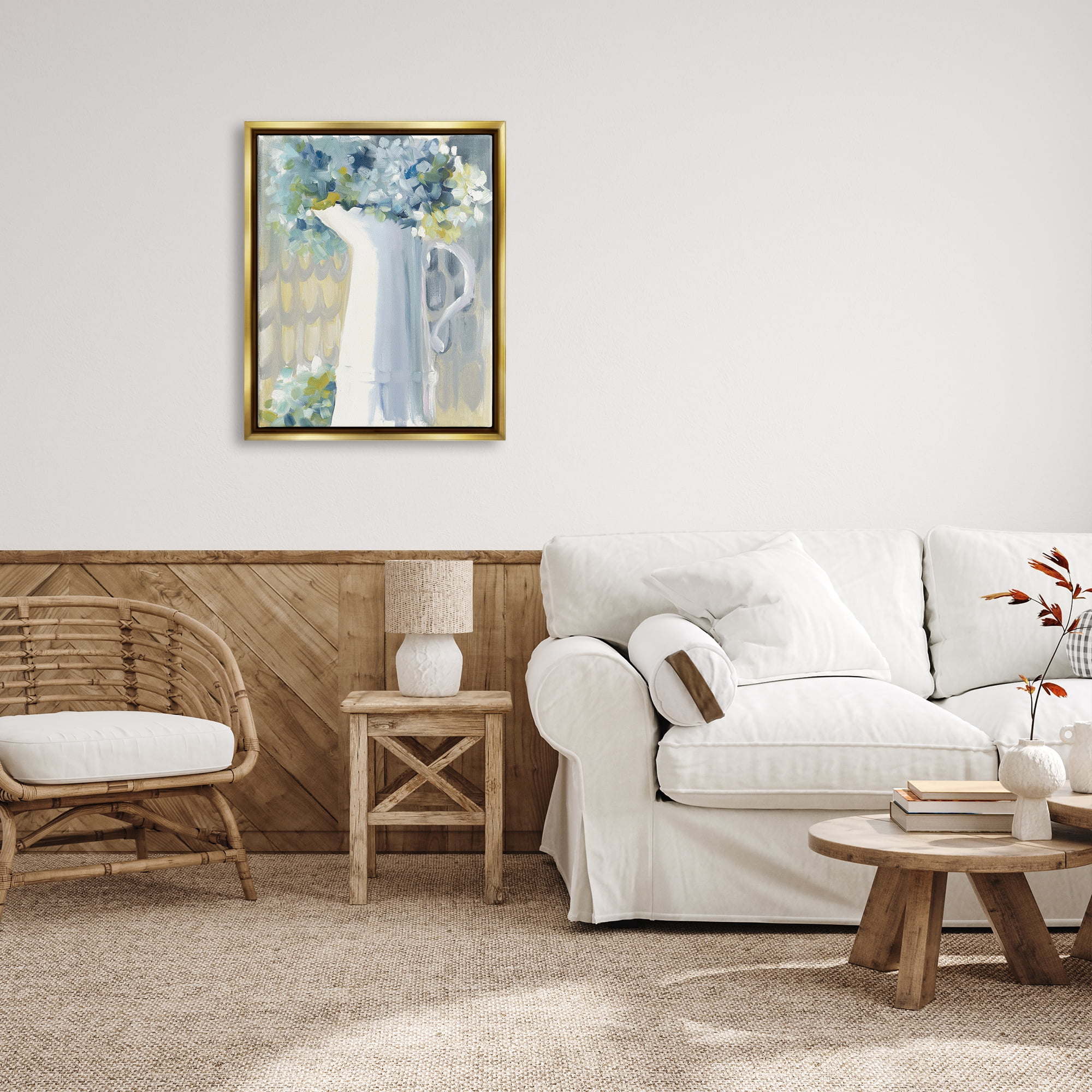 Stupell Industries Abstract Hydrangeas in Jug Botanical & Floral Painting Gold Floater Framed Canvas Art Print Wall Art, 25 x 31