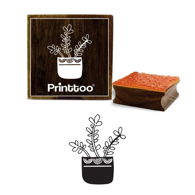 Printtoo Diary Card Doodle Pot Plant Design Square Brown Wooder Rubber