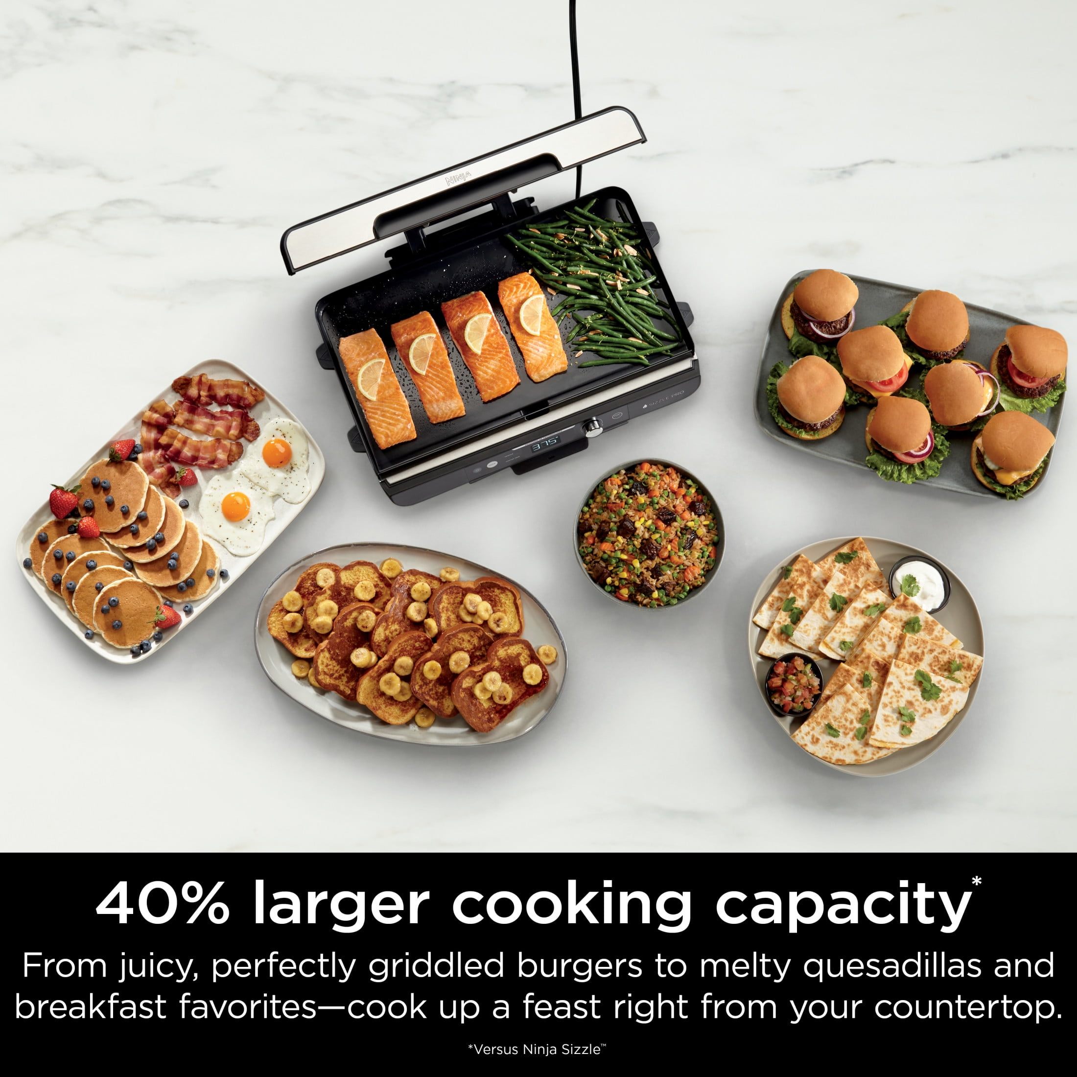 Ninja Sizzle Pro XL 8-Serving Electric Indoor Griddle & Grill, 20-Inch Plates, Edge-to-Edge Heating, GX100, Silver/Black