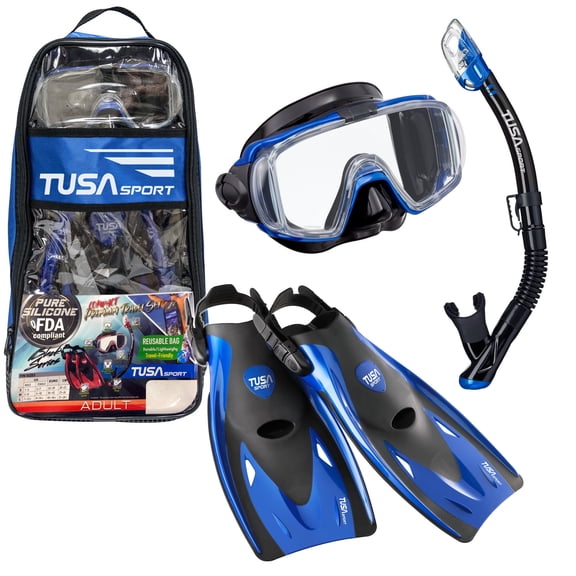 TUSA Sport Adult Visio Tri-Ex Mask, Dry Snorkel, and Fins Travel Set, Black/Metallic Blue, Medium