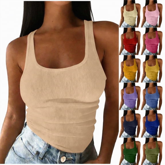vigerkar Tank Tops for Women 2026 Casual Square Neck Summer Outfits Ribbed Fitted Camisole Shirt Sleeveless Workout Clothes (Gold, S)