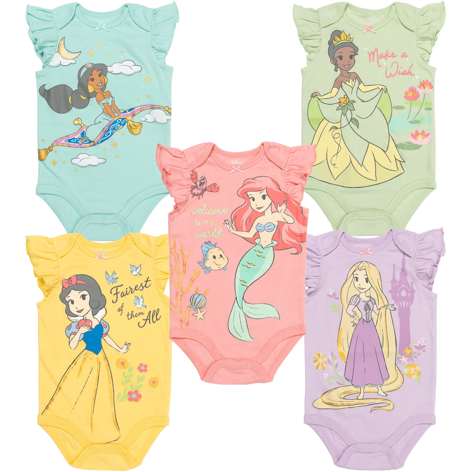 Disney Princess Rapunzel Snow White Jasmine 5 Pack Bodysuits Newborn to Infant
