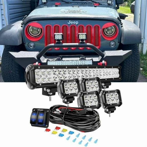 Nilight 20inch 126W Spot Flood Combo 4Pcs 4inch 18W Spot Led Pods Fog Lights with Led Light Bar Wiring Harness Kit for Truck Tractor Off-Road Pickup Golf Cart SUV ATV UTV 4x4 Van Camper