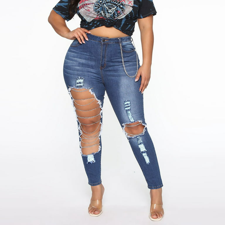 Bigersell Ripped High Waist Jeans for Women Full Length Pants