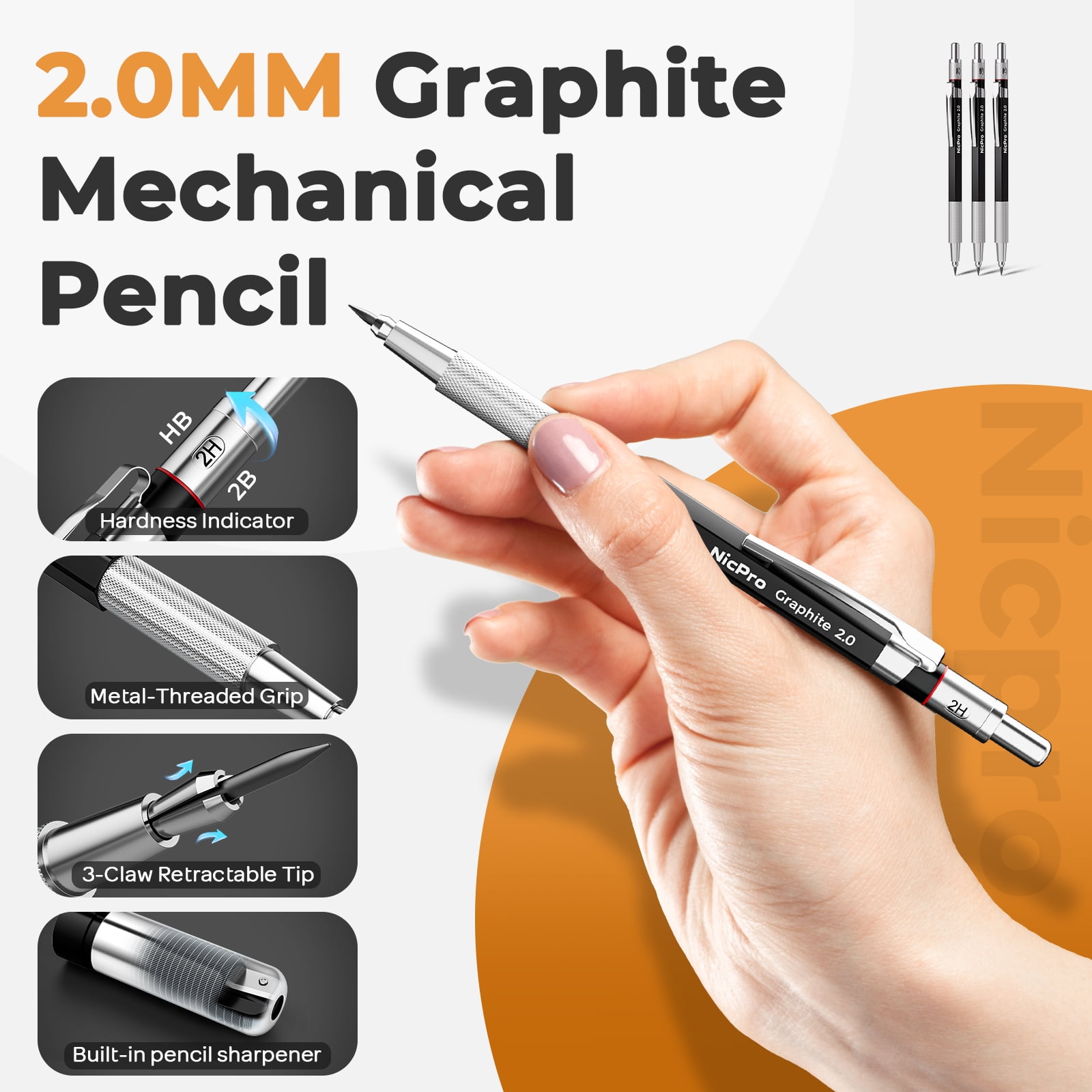 Nicpro 35PCS Art Mechanical Pencil Set, 3 PCS Metal Drafting Pencil 0.5 mm & 0.7 mm & 0.9 mm & 3 PCS 2mm Lead Holder (6B 4B 2B HB 2H 4H Colors) For Sketching Drawing With 20 Tube Lead Refills Case