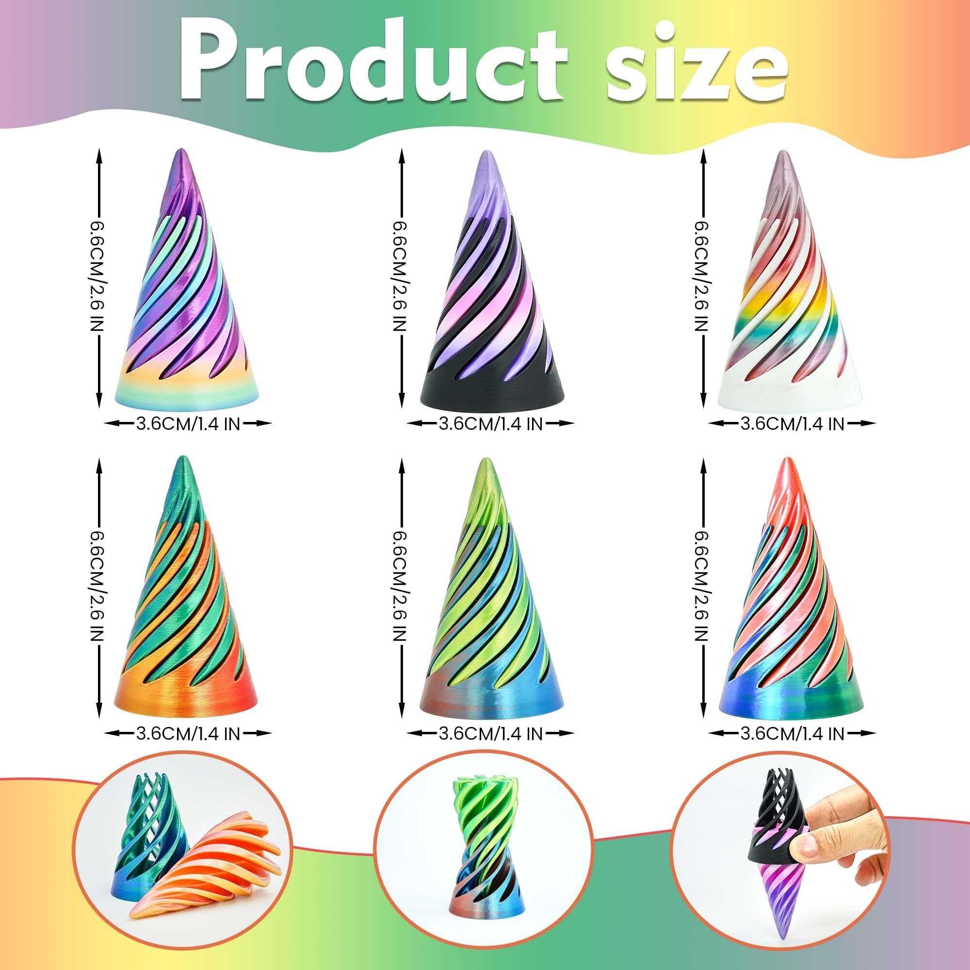 3PCS Impossible Cone,3D Printed Spiral Cone Fidget Impossible Pyramid Passthrough Sculpture,Stress Relieving Stocking Filler White Elephant Gifts