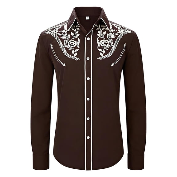 Vacation Shirts for Men Summer Western Cowboy Long Sleeve Embroidered Slim Fit Button Down with Pockets Hawaiian Shirts for Men